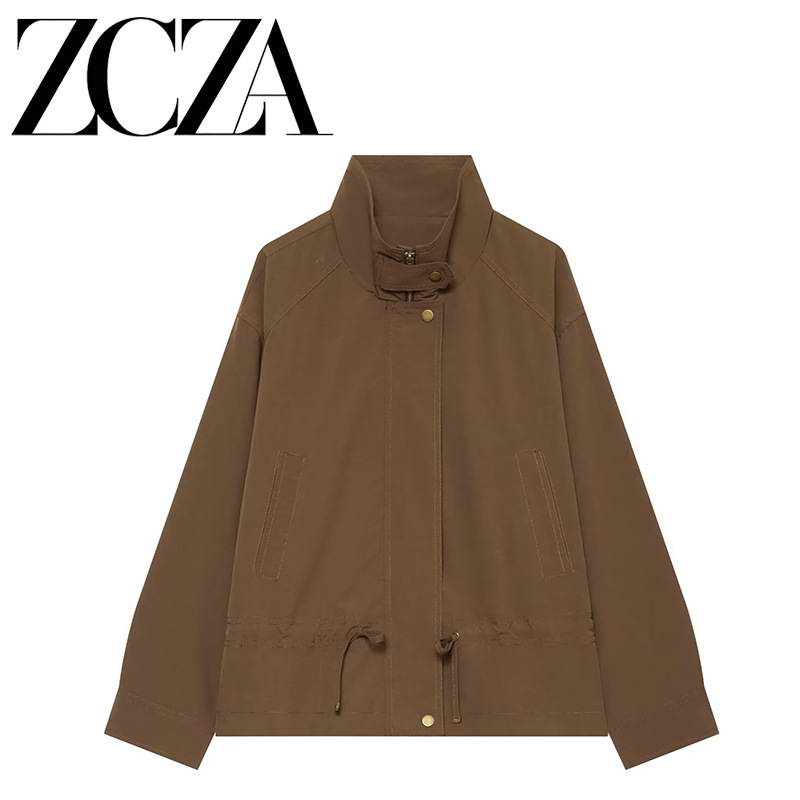 European and American style new women's fashion workwear-style stand-up collar pleated silhouette trench coat