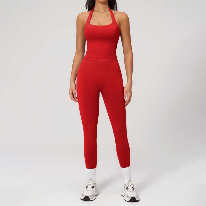 Highly elastic and quick-drying sports vest set, beautiful back yoga set for women, seamless knitted tight-fitting casual fitness wear 7790