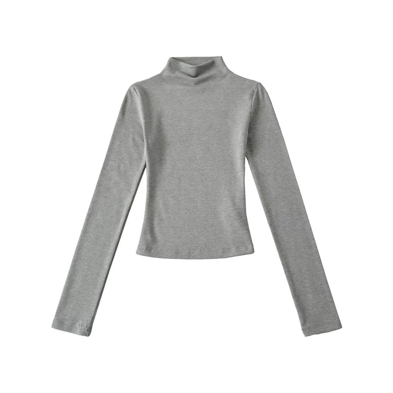 New American-style high-neck long-sleeved T-shirt for women, autumn, solid color, slim fit, versatile base layer.