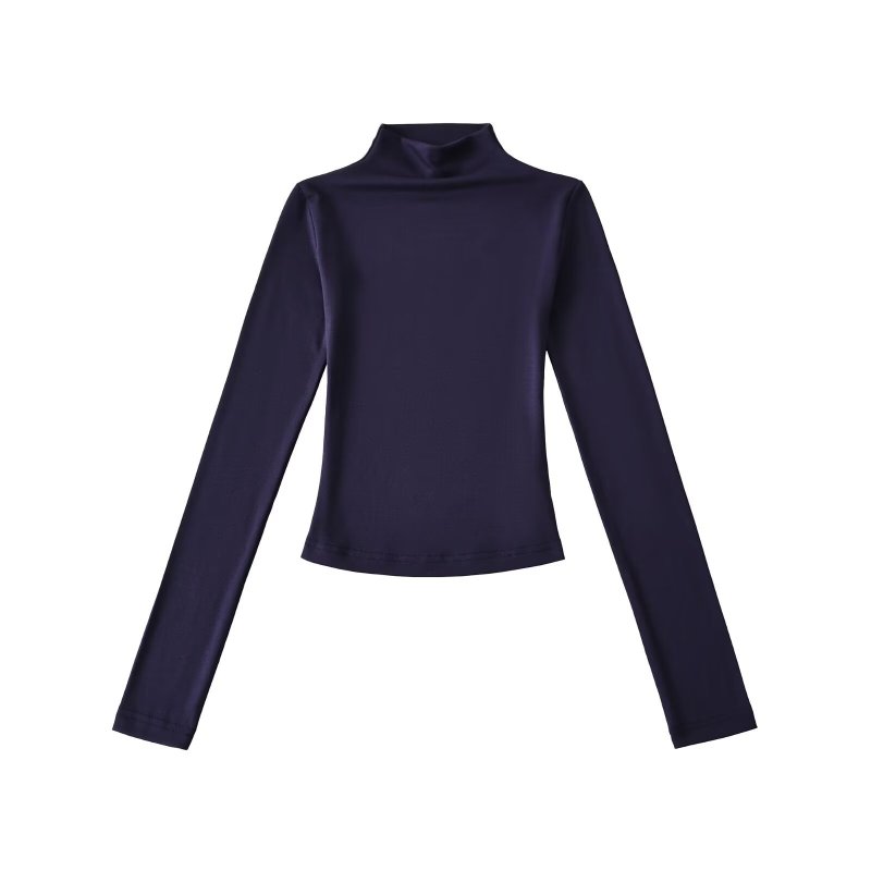 New American-style high-neck long-sleeved T-shirt for women, autumn, solid color, slim fit, versatile base layer.