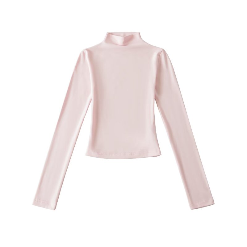 New American-style high-neck long-sleeved T-shirt for women, autumn, solid color, slim fit, versatile base layer.