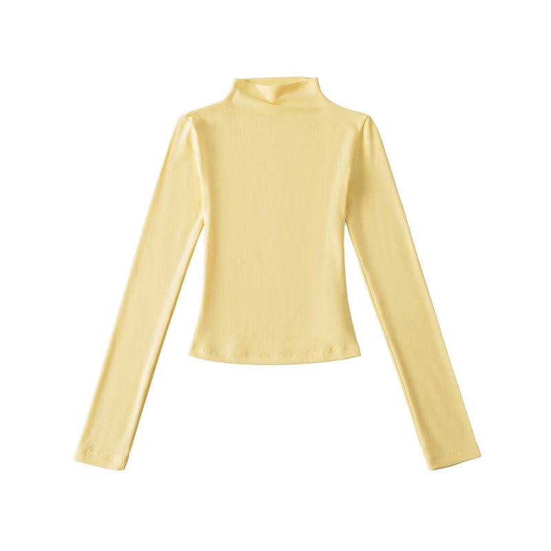 New American-style high-neck long-sleeved T-shirt for women, autumn, solid color, slim fit, versatile base layer.