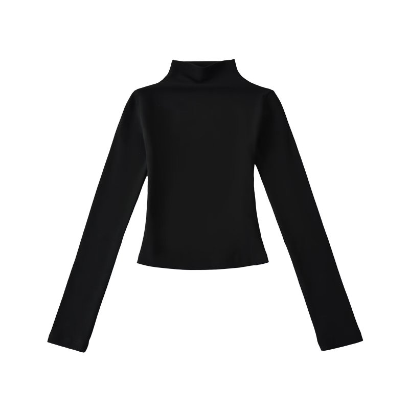 New American-style high-neck long-sleeved T-shirt for women, autumn, solid color, slim fit, versatile base layer.