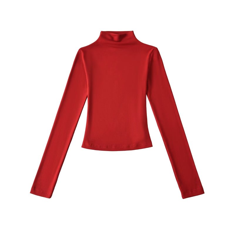 New American-style high-neck long-sleeved T-shirt for women, autumn, solid color, slim fit, versatile base layer.