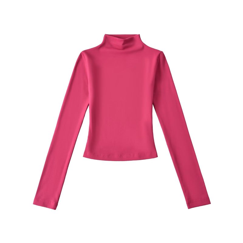 New American-style high-neck long-sleeved T-shirt for women, autumn, solid color, slim fit, versatile base layer.