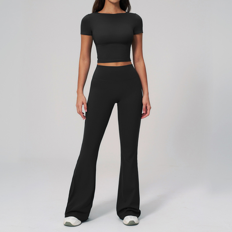 Zechuang Women's Flared Yoga Pants, Short-Sleeved Butt-Lifting Sports Pants, High-Waisted Wide-Leg Fitness Pants, Tight Flared Pants 2551
