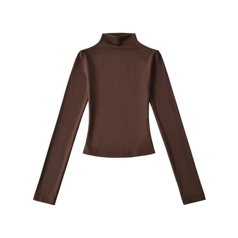 New American-style high-neck long-sleeved T-shirt for women, autumn, solid color, slim fit, versatile base layer.