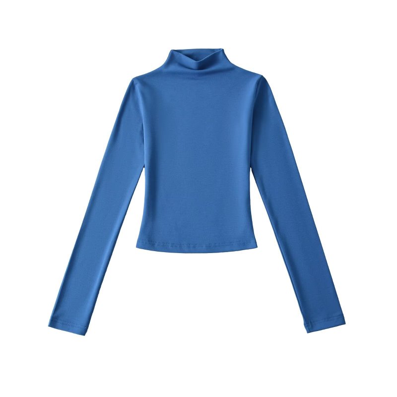 New American-style high-neck long-sleeved T-shirt for women, autumn, solid color, slim fit, versatile base layer.