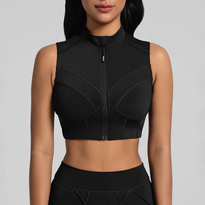 Zippered sports bra with removable breast pads, breathable and supportive, suitable for fitness, running, and yoga.