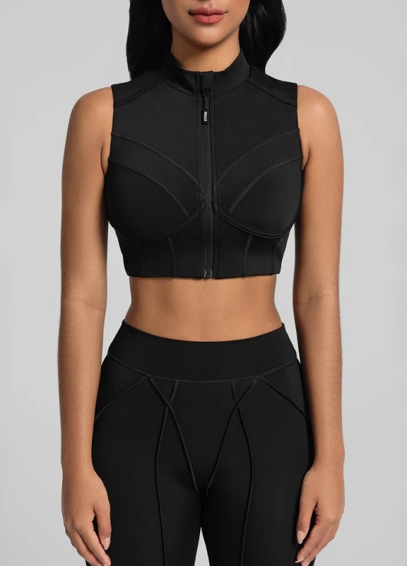 Zippered sports bra with removable breast pads, breathable and supportive, suitable for fitness, running, and yoga.