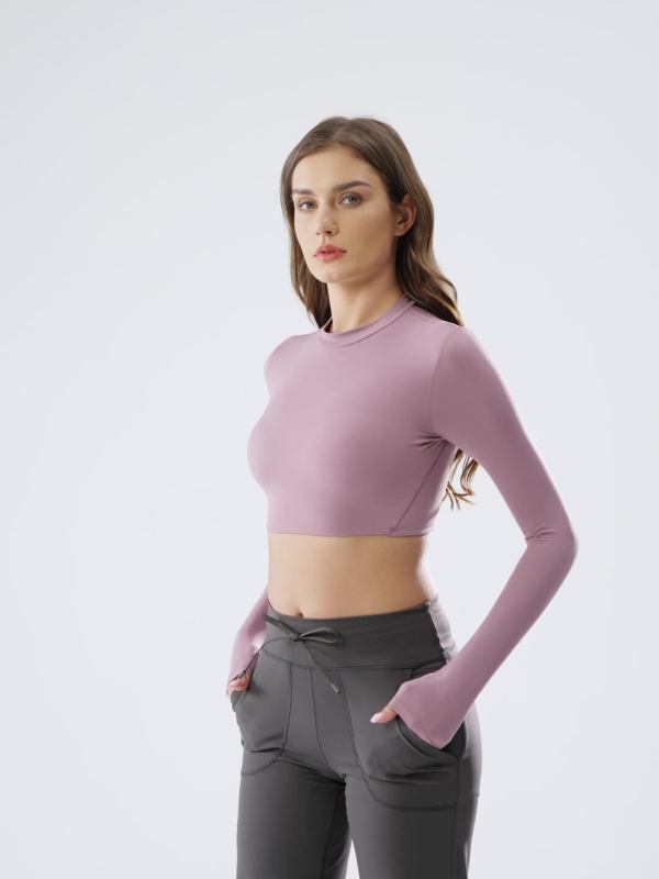 Women's Yoga Outfit, Tight-fitting, Unpadded Long-sleeved Sports T-shirt, Fitness Wear, Cropped Top with Showing Off Abs (DAW173)