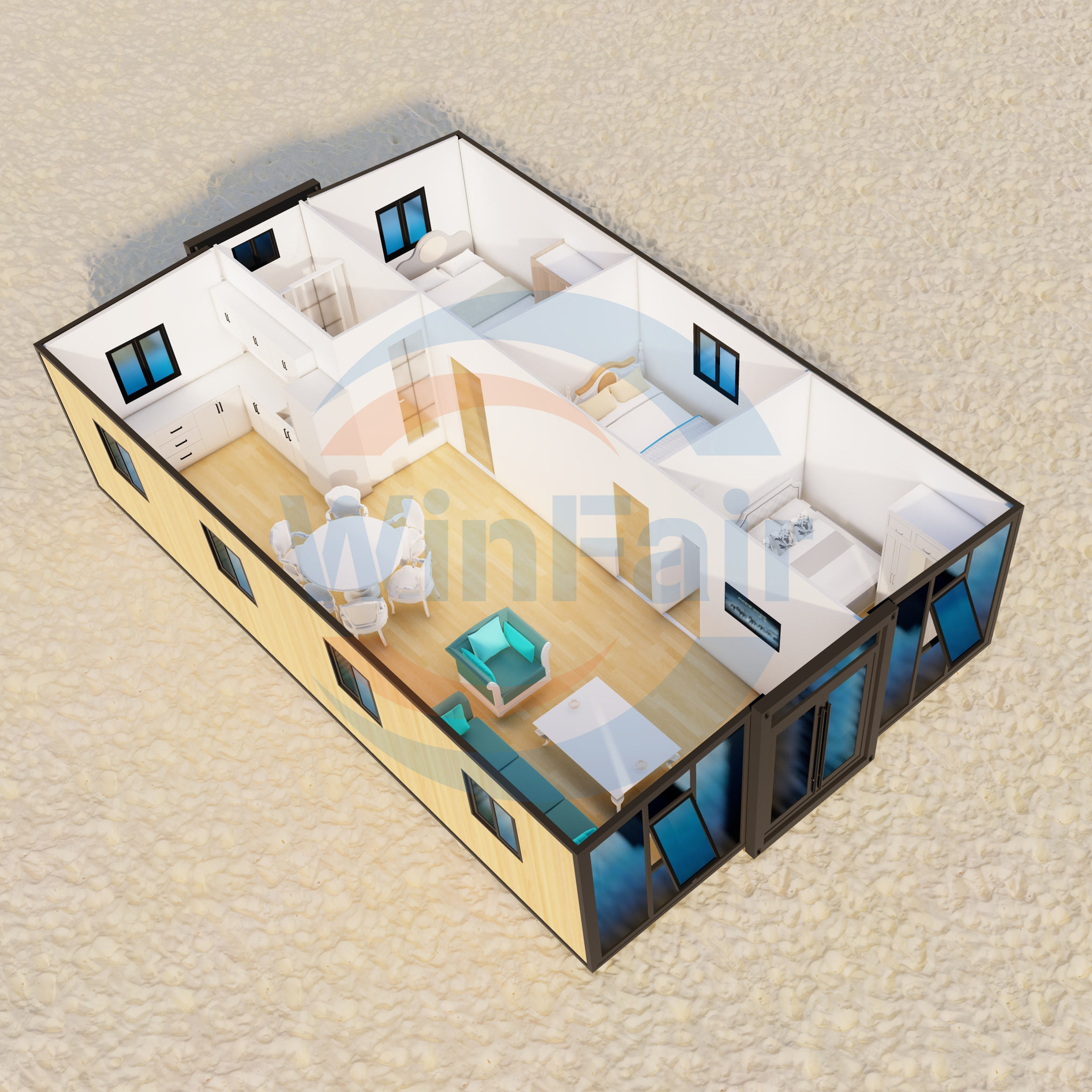 WinFair Prefab Container Mobile Modular Foldable House Plans Drawing 3 Rooms Bedrooms Home 40Ft Prefabricated House Luxury