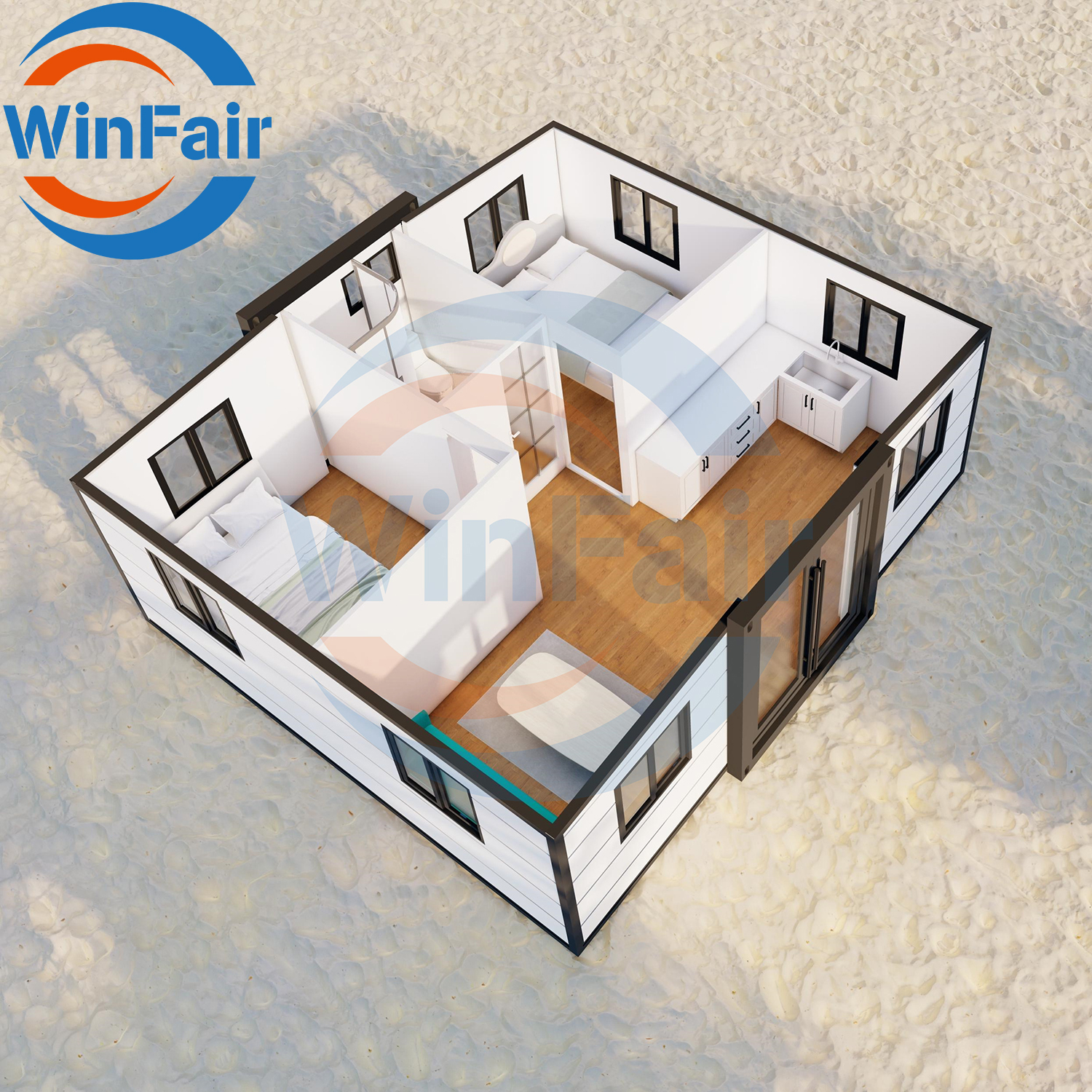 WinFair Container Tiny Homes Mobile Portable Expandable Prefab 20Ft Folding Houses For Living 2 Bedroom With Kitchen And Bathroom
