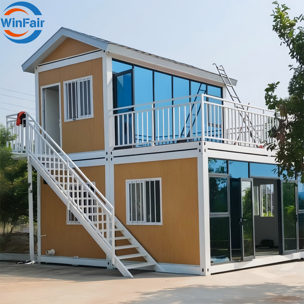 WinFair Prefab Japanese 3 Bed Rooms Triangle Two Story Slope Roof Container Houses With Terrace Prefab Dormitory for Home Studio