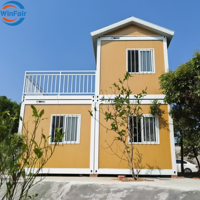 WinFair Prefab Japanese 3 Bed Rooms Triangle Two Story Slope Roof Container Houses With Terrace Prefab Dormitory for Home Studio