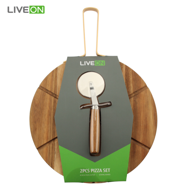 Copper color aluminum alloy handle wooden pizza board with cutting knife