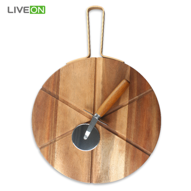 Copper color aluminum alloy handle wooden pizza board with cutting knife
