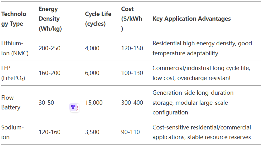 Differences in Energy Density, Cycle Life,Costs and Applications between different types of battery technology types