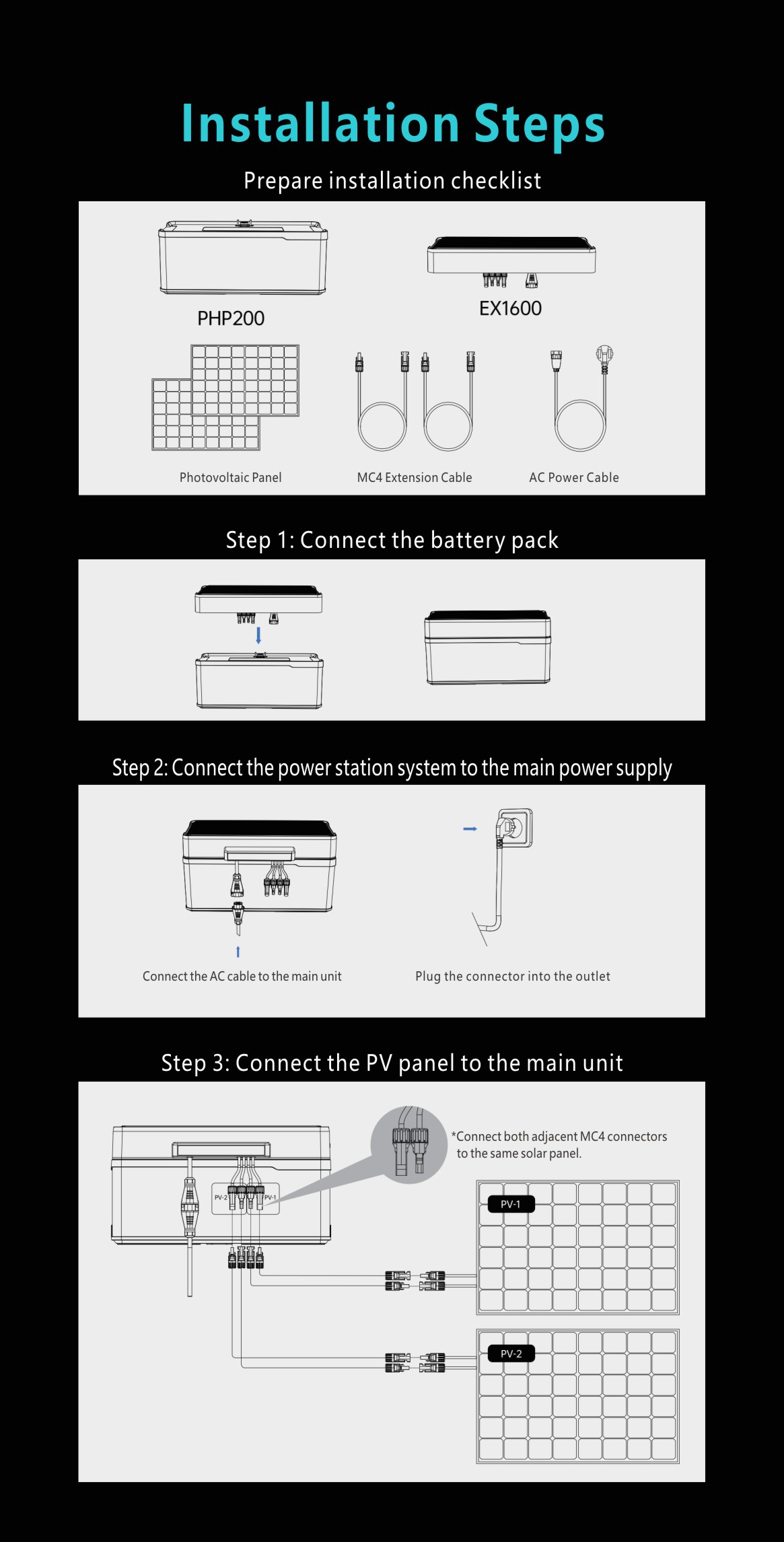 Technical diagram illustrating the physical dimensions and compact footprint of the EX1600 main unit and the stackable PHP200 battery packs.