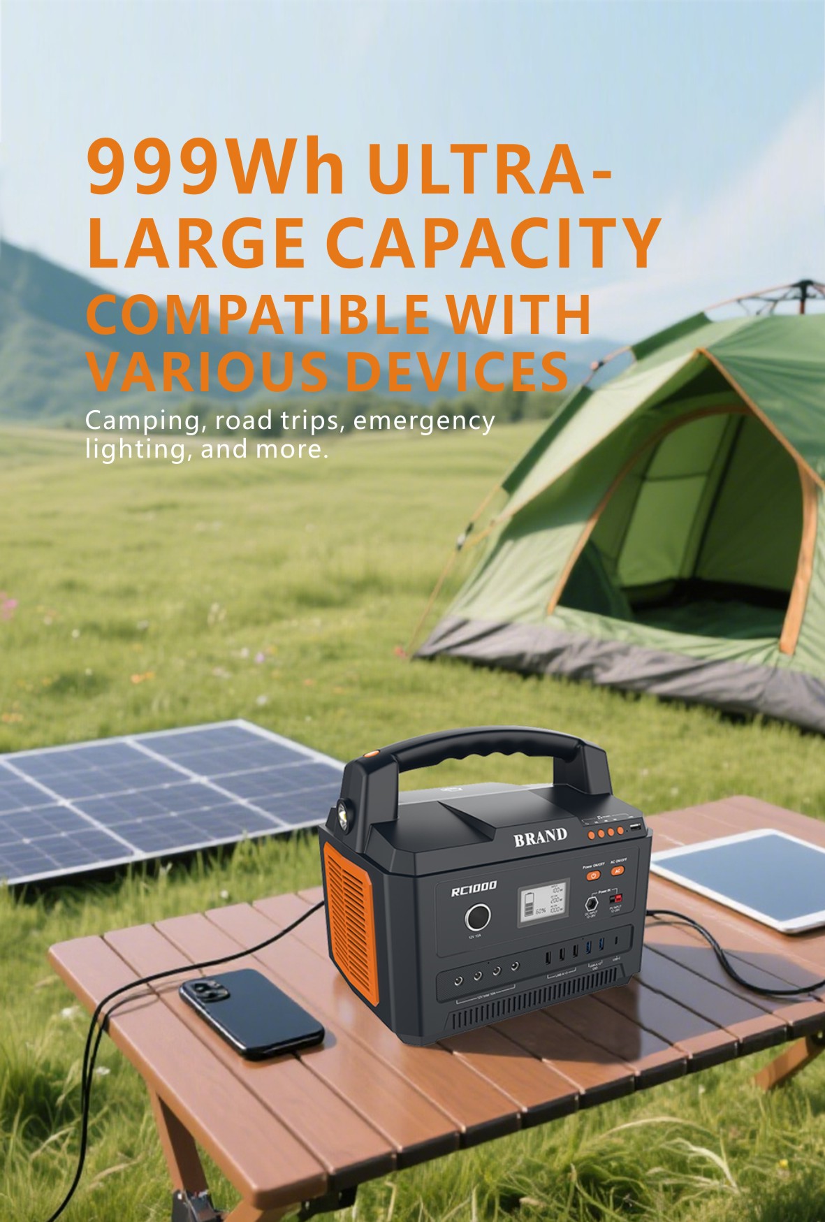 Power Beast RC1000 portable power station with 999Wh ultra-large capacity placed on a camping table outdoors. Reliable 1000W solar generator powering smartphones and tablets next to a tent and solar panels. Best battery backup for road trips and emergency lighting.