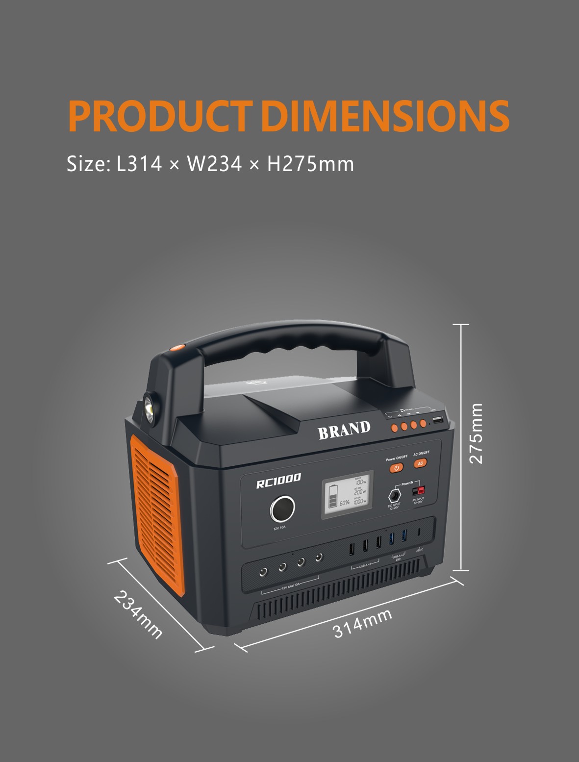 Product dimensions of the RC1000 portable power station showing compact size: Length 314mm, Width 234mm, Height 275mm. Portable 1000W generator with ergonomic handle design for easy transport and storage.