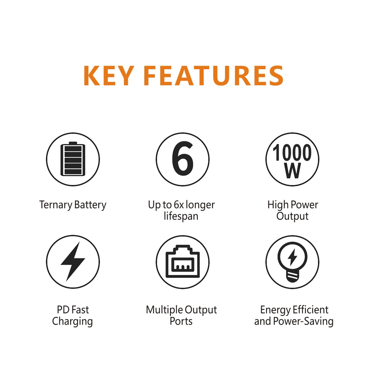 Key features of RC1000 portable power station: Ternary Lithium battery technology, 6x longer lifespan, 1000W high power AC output, PD fast charging, multiple ports, and energy-efficient design. High-performance battery generator specificaitons.