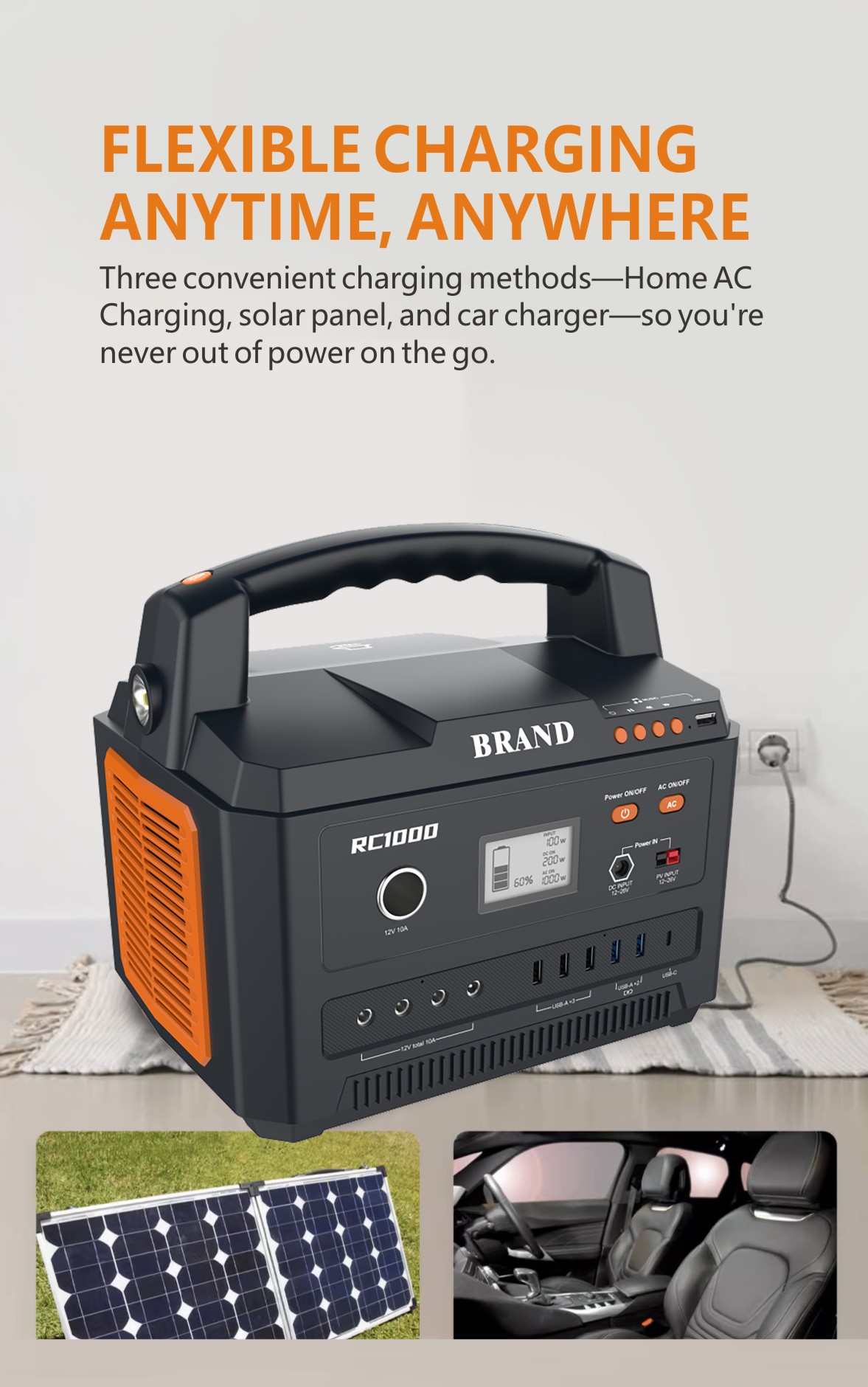 Flexible charging methods for RC1000 portable generator shown in three scenarios: Home AC wall outlet charging, off-grid solar panel charging for camping, and 12V car charger input for road trips. Power anytime, anywhere.