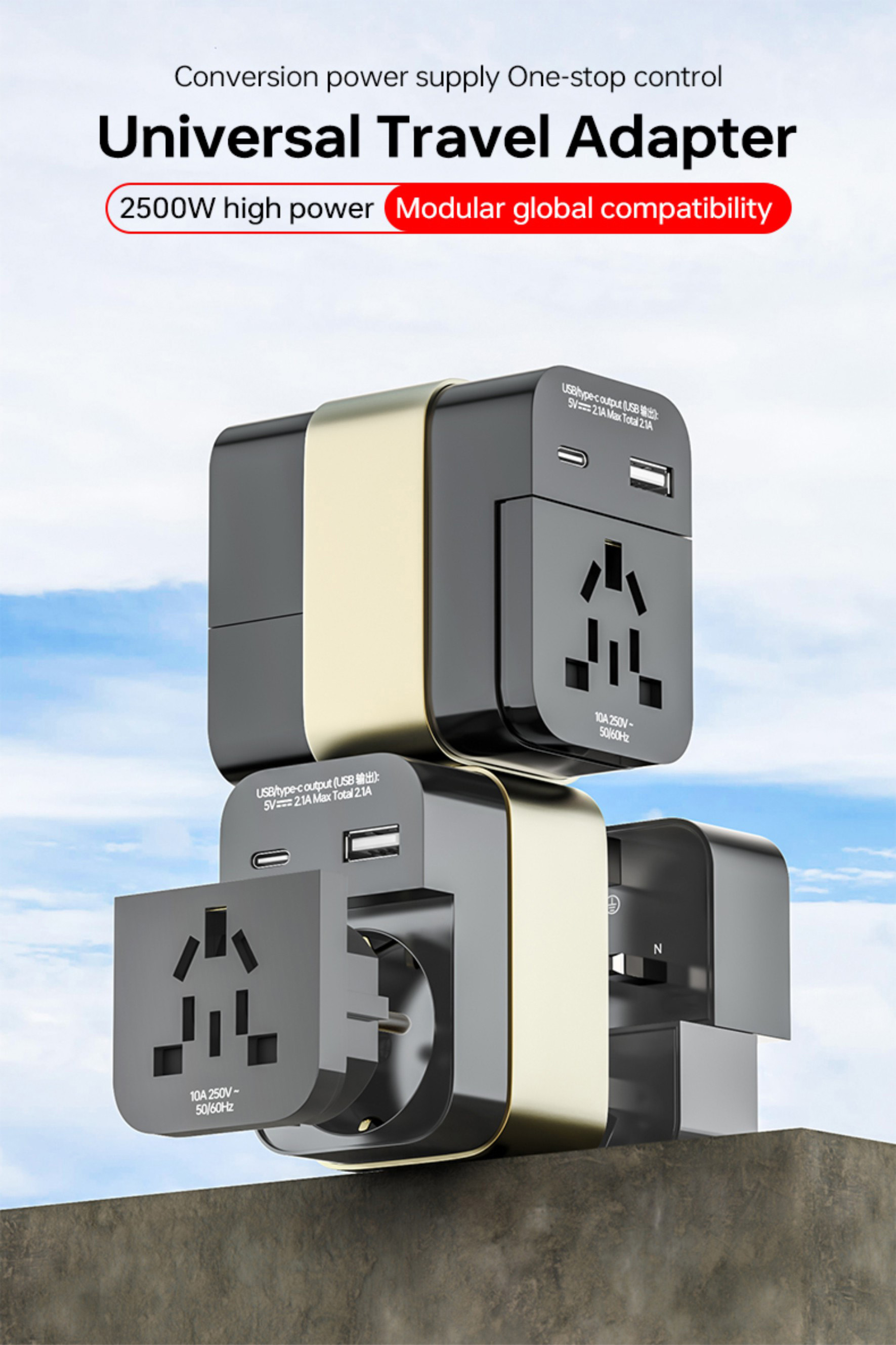 Universal travel adaptor 2500W high power converter assembled, showing global compatibility for US, EU, UK, and AU plug standards.