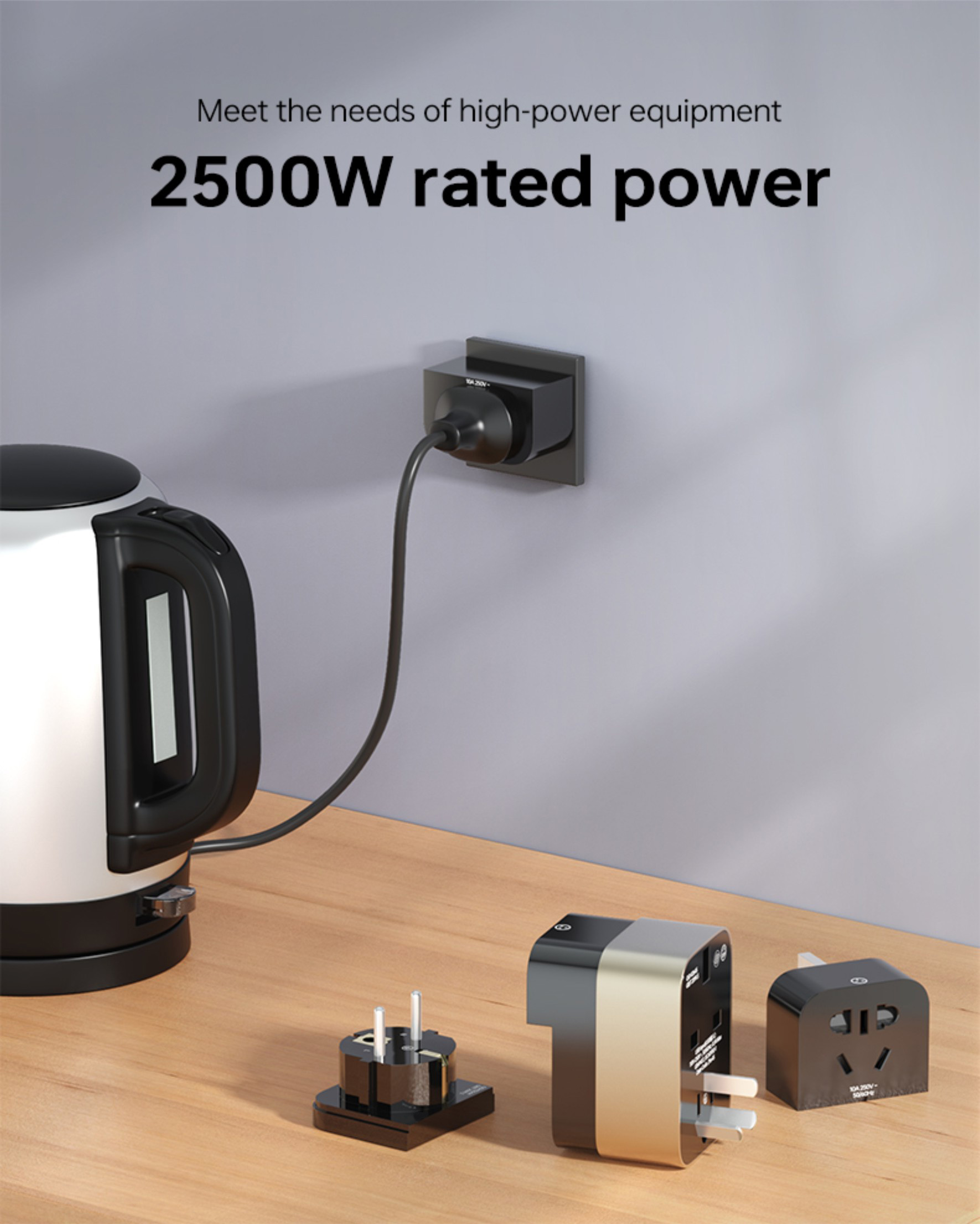 Detail view of integrated fast charging hub on the travel converter, featuring one standard USB-A port and one modern Type-C output port.