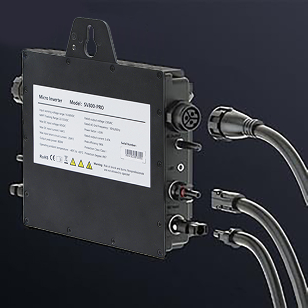 SV800-PRO solar microinverter, a device with multiple cable connections. Features a handle and mounting bracket for installation on solar panels