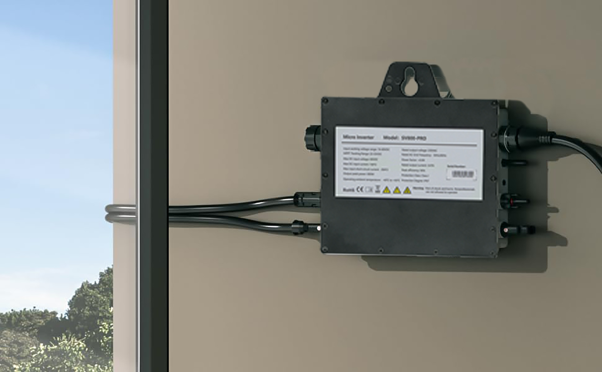 Black rectangular compact device mounted on a wall. Multiple cables connected. Device has 'DS3' printed on it. Window visible in background