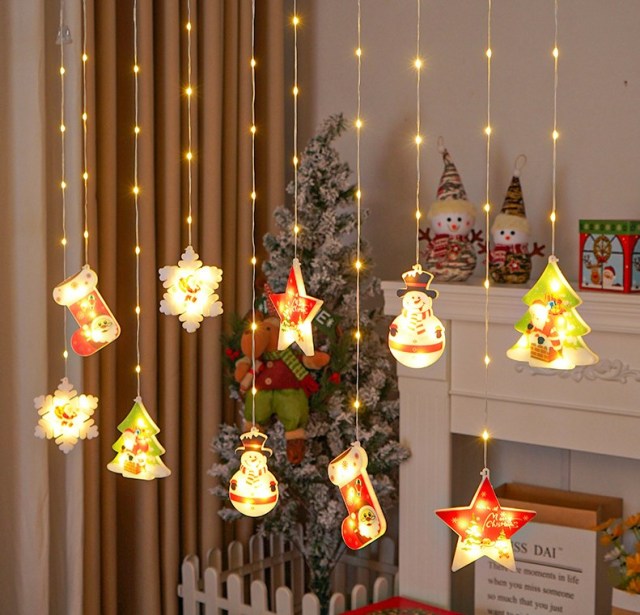 New Design 3D Snowman Snowflake Christmas tree Moon Star LED Christmas curtain lights with colorful paiting