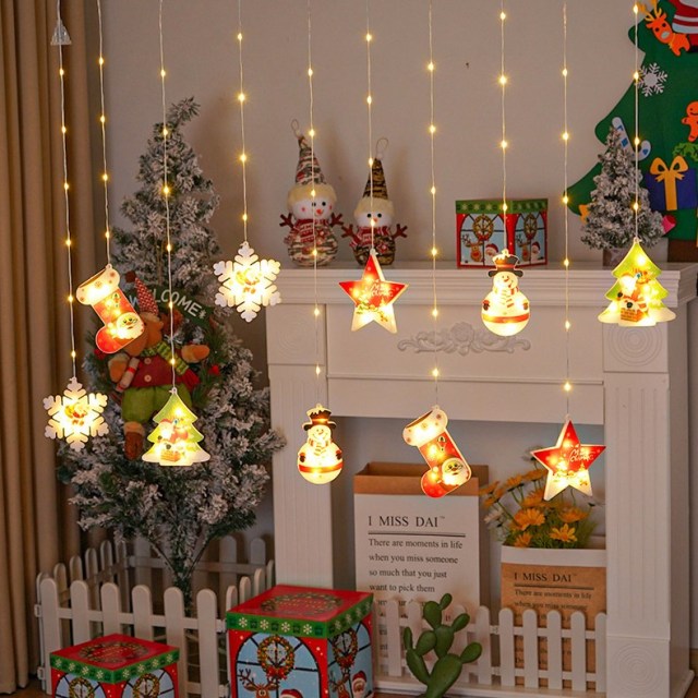 New Design 3D Snowman Snowflake Christmas tree Moon Star LED Christmas curtain lights with colorful paiting