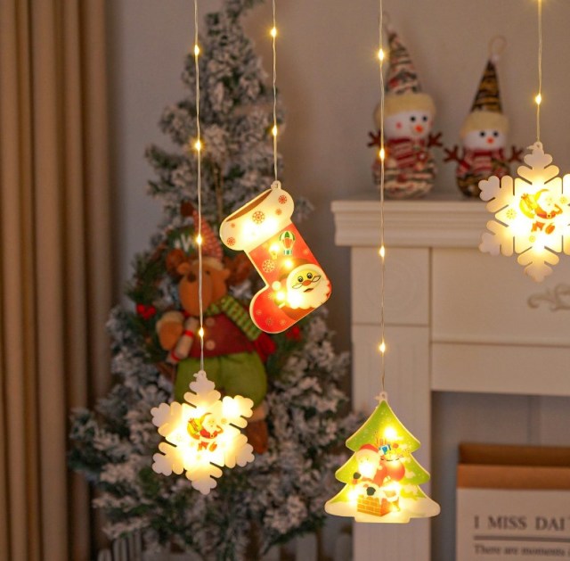 New Design 3D Snowman Snowflake Christmas tree Moon Star LED Christmas curtain lights with colorful paiting