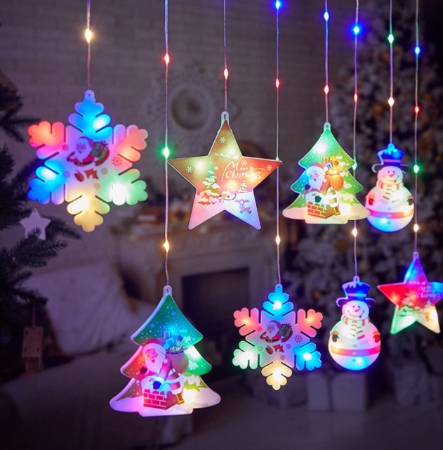 New Design 3D Snowman Snowflake Christmas tree Moon Star LED Christmas curtain lights with colorful paiting