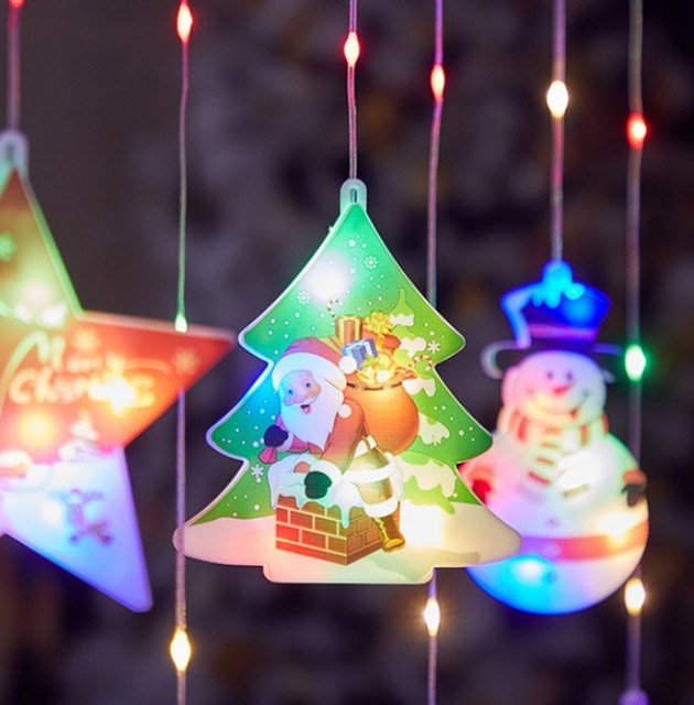 New Design 3D Snowman Snowflake Christmas tree Moon Star LED Christmas curtain lights with colorful paiting