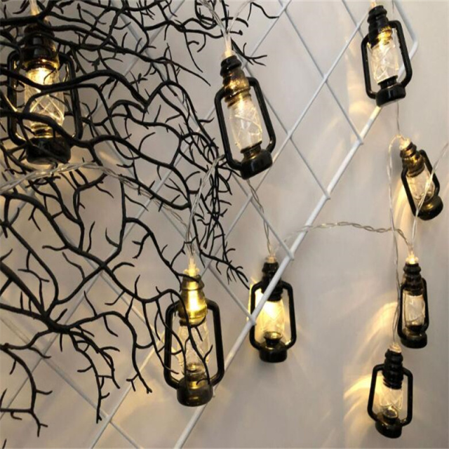 Battery powered Ramadan Lantern String Lights Red /Black Kerosene Bedroom Lights with 10 mini Retro Kerosene Lamps