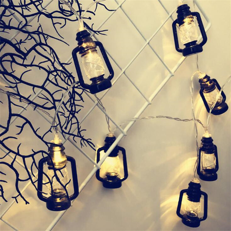 Battery powered Ramadan Lantern String Lights Red /Black Kerosene Bedroom Lights with 10 mini Retro Kerosene Lamps