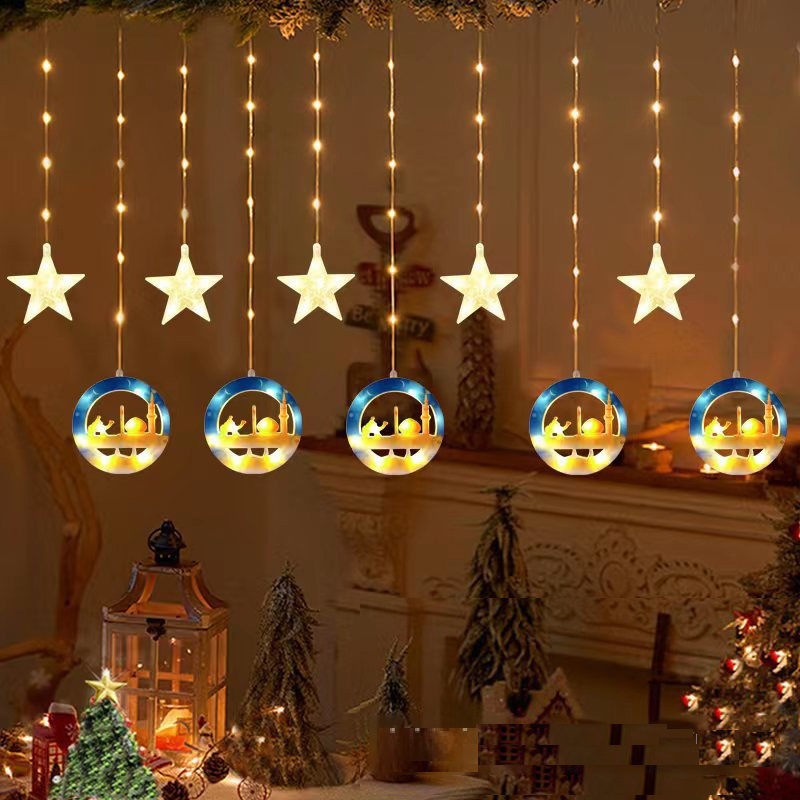 New Design 8 Modes Middle East Mubarak Eid Castle Ramadan LED Curtain Wall Window Fairy String Light With Connectable Plug
