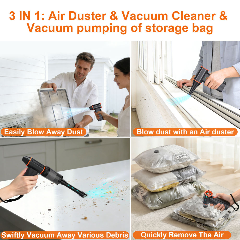 JUFINX F32MAX Compressed Air Duster-150,000RPM Super Power Electric Air Duster and Vacuum Cleaner & Bag Vacuum Sealer 3-in-1，for PC Keyboard Cleaning, vacuum storage bag，Car interior cleaning