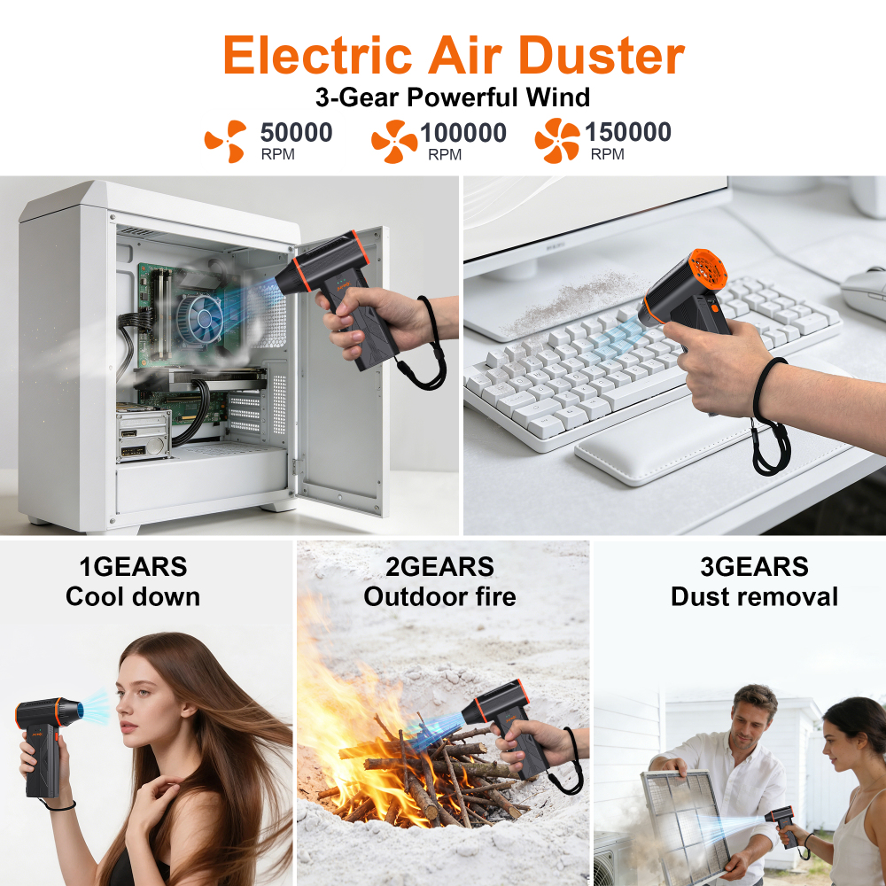 JUFINX F32MAX Compressed Air Duster-150,000RPM Super Power Electric Air Duster and Vacuum Cleaner & Bag Vacuum Sealer 3-in-1，for PC Keyboard Cleaning, vacuum storage bag，Car interior cleaning