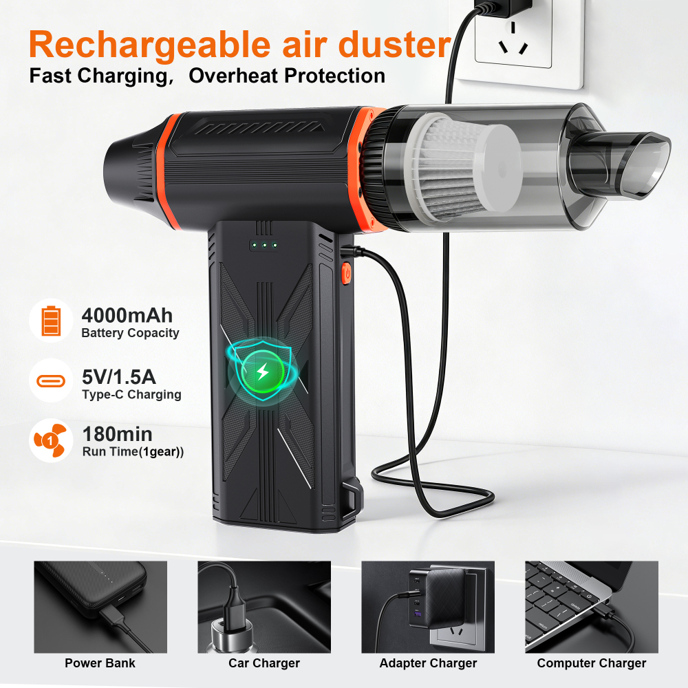 JUFINX F32MAX Compressed Air Duster-150,000RPM Super Power Electric Air Duster and Vacuum Cleaner & Bag Vacuum Sealer 3-in-1，for PC Keyboard Cleaning, vacuum storage bag，Car interior cleaning