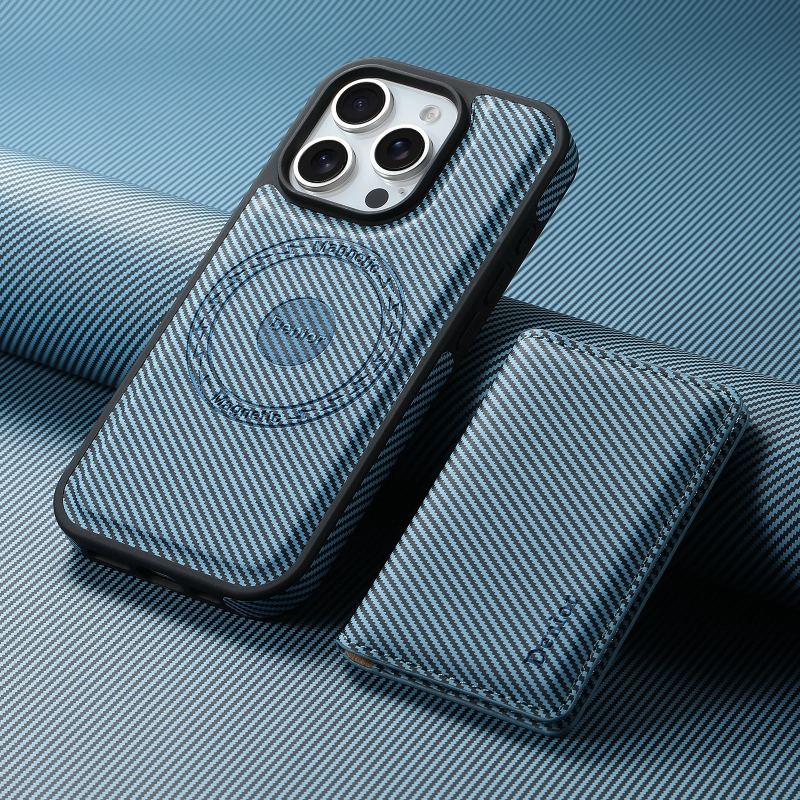 2IN1 PU leather skin carbon fiber pattern combination suitable for iPhone 12-16 series, with magnetic card pocket, can insert 3 cards