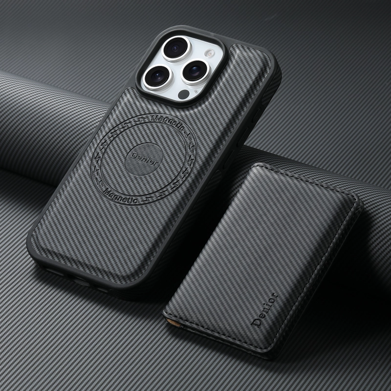 2IN1 PU leather skin carbon fiber pattern combination suitable for iPhone 12-16 series, with magnetic card pocket, can insert 3 cards