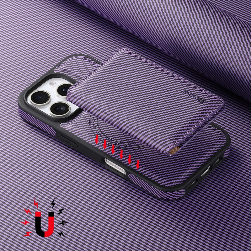 2IN1 PU leather skin carbon fiber pattern combination suitable for iPhone 12-16 series, with magnetic card pocket, can insert 3 cards