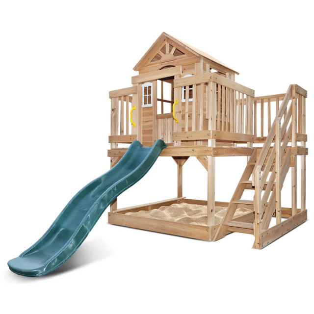 Wooden Cubby House with 1.8m Green Slide