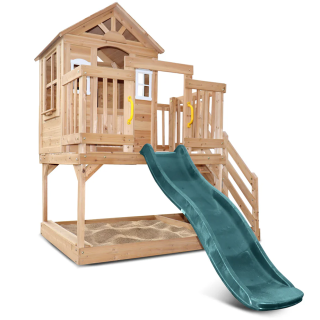 Wooden Cubby House with 1.8m Green Slide