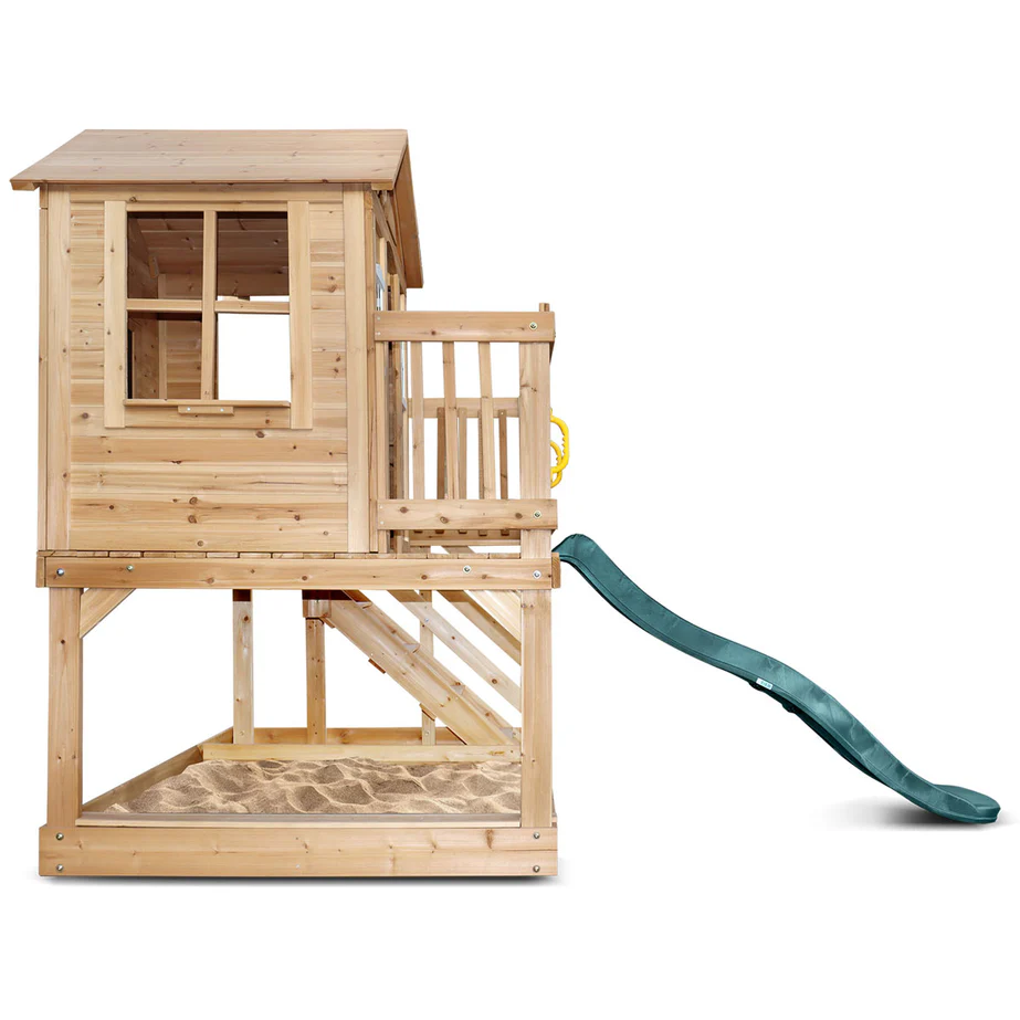 Wooden Cubby House with 1.8m Green Slide