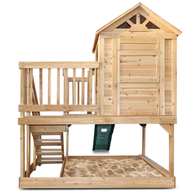 Wooden Cubby House with 1.8m Green Slide