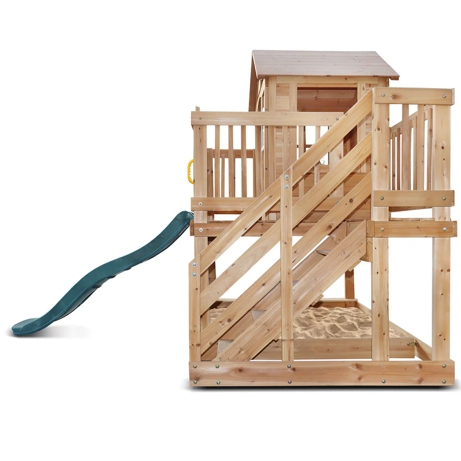 Wooden Cubby House with 1.8m Green Slide